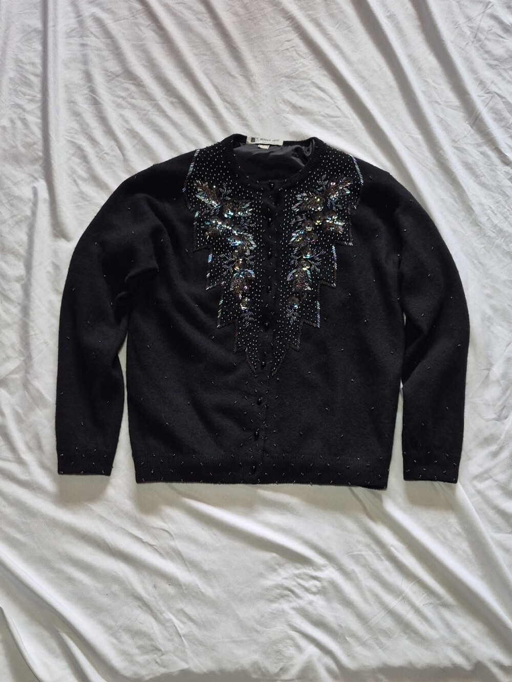 Women's Black Embellished Crewneck Sweater - Beaded Detail